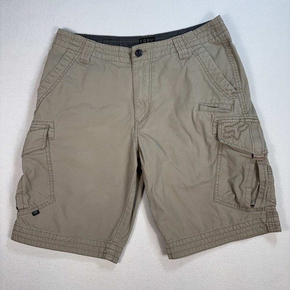 Fox Slambozo Cargo Shorts Men's 32 (fits 33x10) Khaki Beige 100% Cotton Logo Y2K